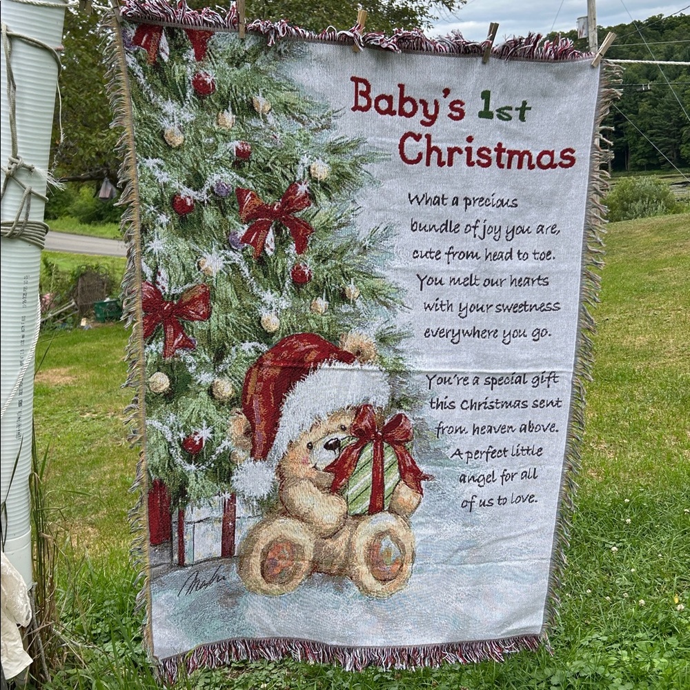 Vntg Y2K Baby’s First Christmas Tapestry Nursery Throw Wall Hanging Unisex Gift